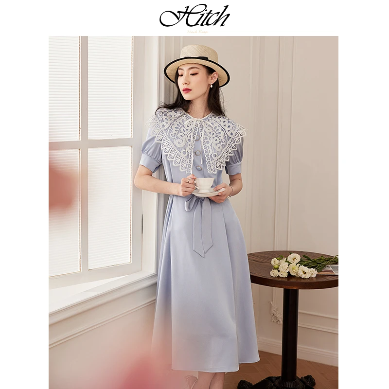 希区瑞普高端法式精致连衣裙夏F1601绣片收腰显瘦系带裙子