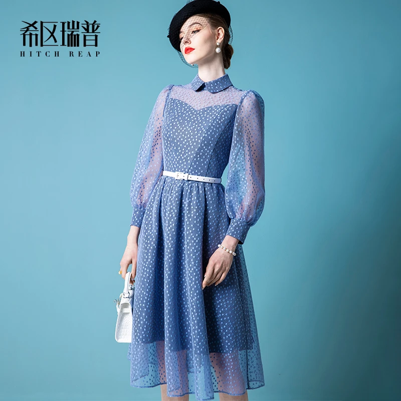 希区瑞普高端名媛法式复古连衣裙女装春秋F1347气质波点网纱裙
