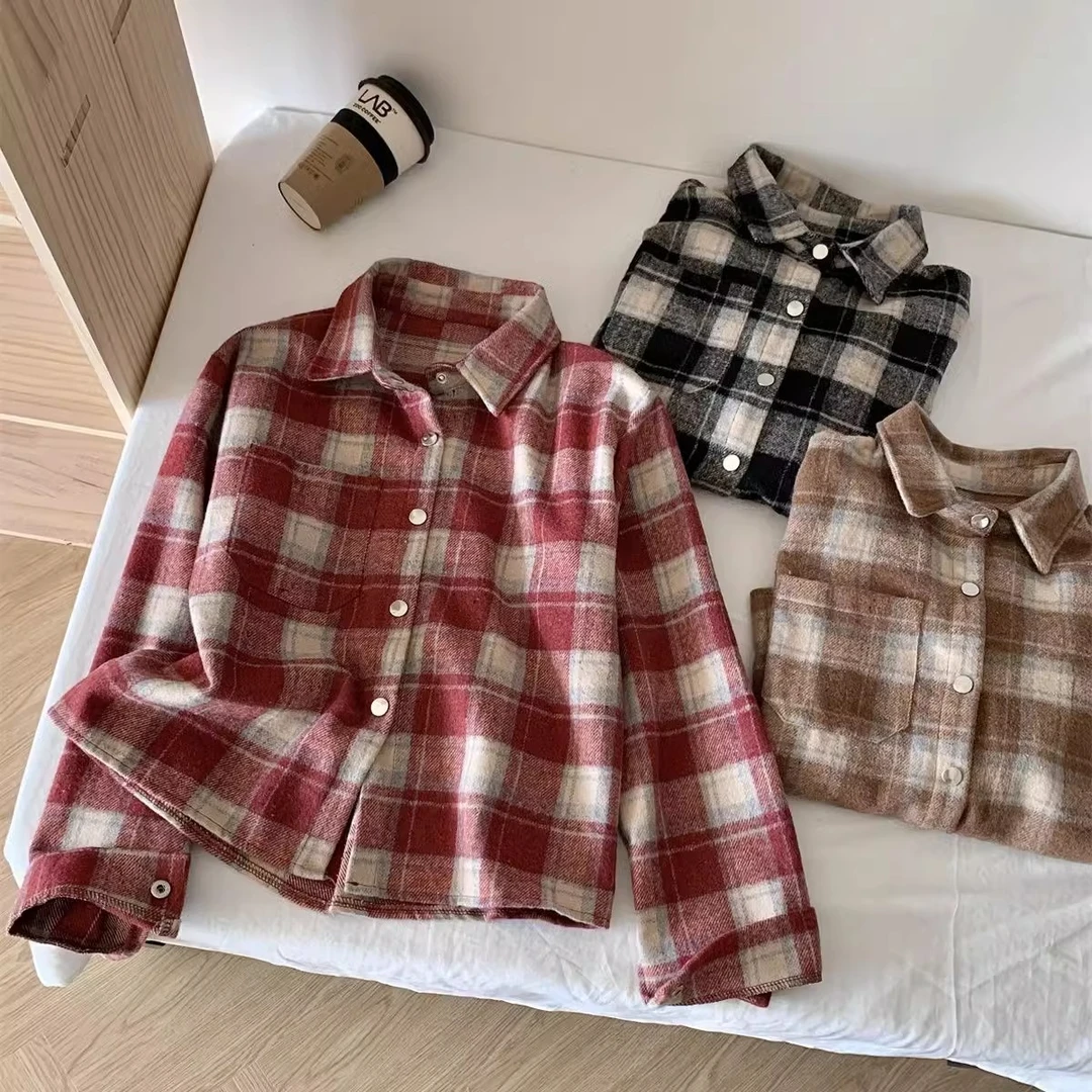 国潮复古磨毛宽松2024格子早春新款小个子短款长袖外套衬衫衬衣女