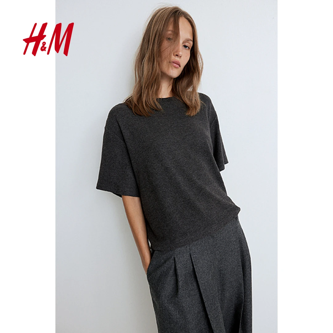 HM秋季新款休闲纯色柔软细密针织宽松落肩百搭短袖T恤1266670
