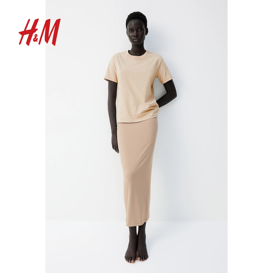 HM女装T恤夏季新款简约休闲柔软罗纹圆领百搭短袖上衣0963662