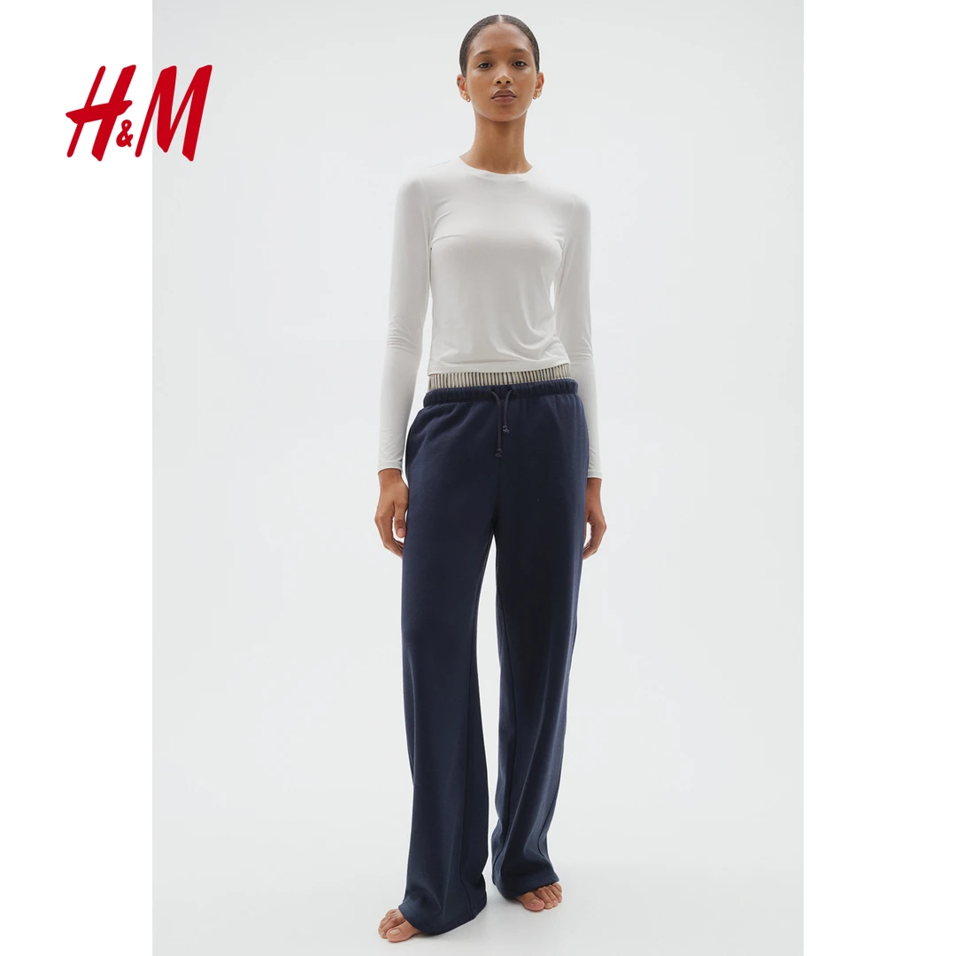 HM女装裤子春季新款宽松运动休闲松紧抽绳阔腿慢跑裤1199249