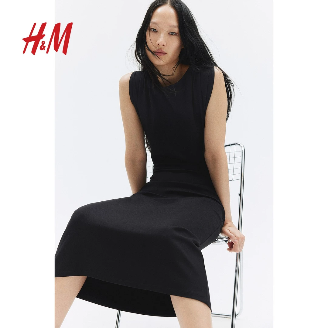 HM女士连衣裙秋季新款重磅汗布优雅一字领垂坠连衣裙1239367