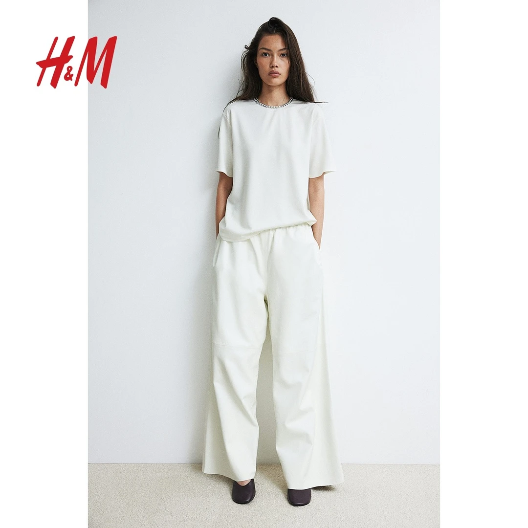 HM女装T恤夏季新款时尚舒适宽松链饰重磅圆领短袖上衣1246888