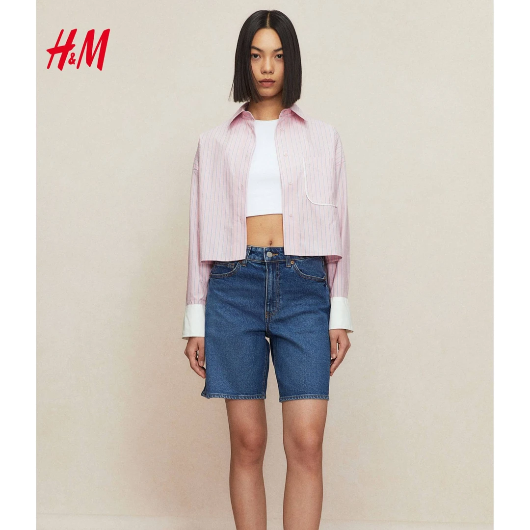 HM女装衬衫2024秋季新款空调衫修身翻领条纹长袖短款衬衣1252112
