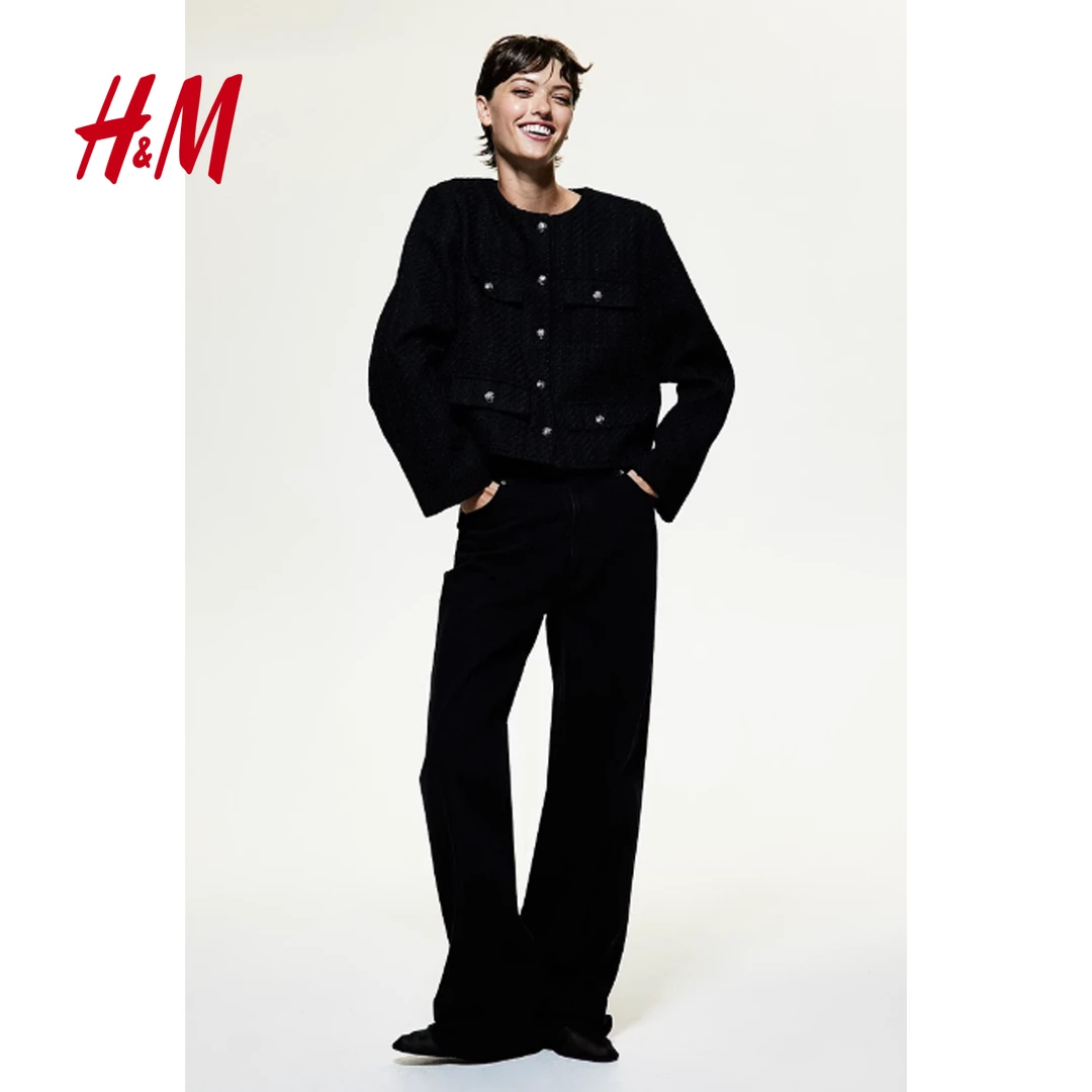 HM女装2025秋冬新款舒适优雅香风休闲圆领梭织面料短外套1231352