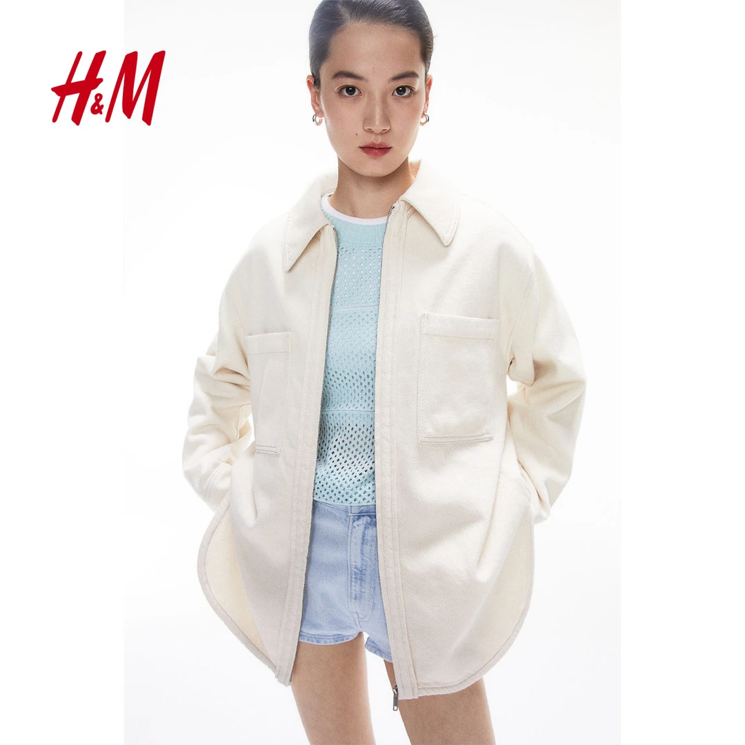 HM女装外套2024春季新款棉质拉链前襟衬衫式有领牛仔外套1234643