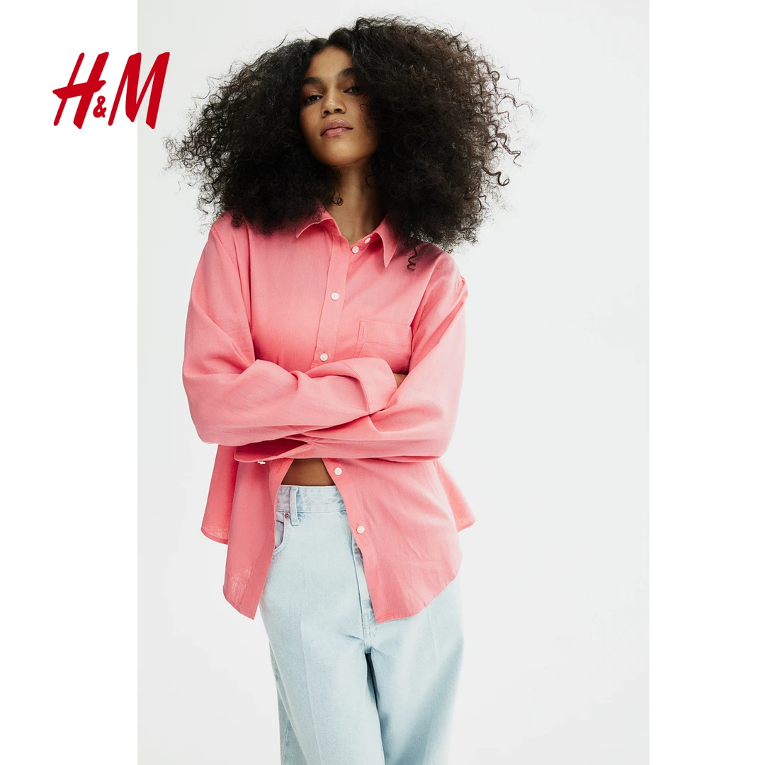 HM女装秋季新款休闲翻折领亚麻混纺透气长袖百搭衬衫1213682