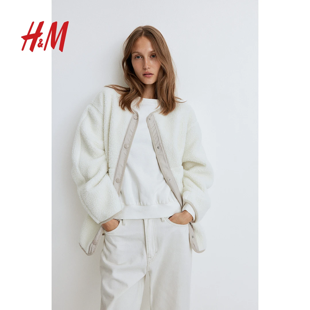 HM女装秋季新款时尚休闲圆领宽松柔软泰迪绒百搭外套1248831