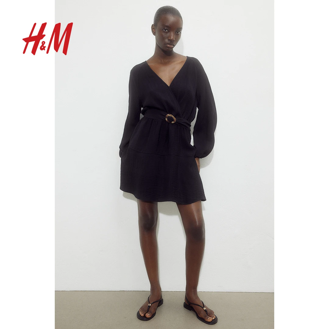 HM女士连衣裙秋季新款法式深V领围裹式灯笼长袖连衣裙1236518