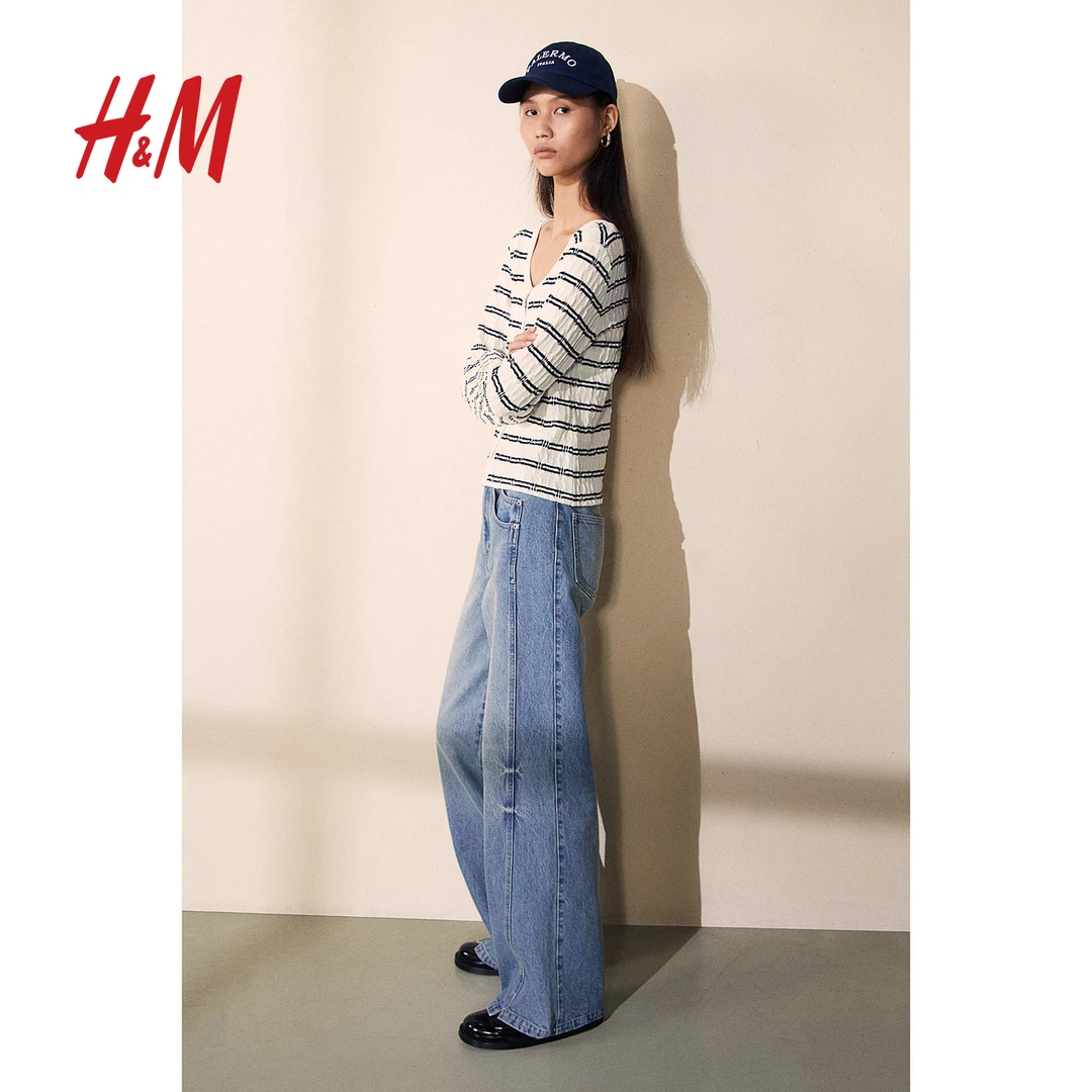 HM女装秋季新款优雅前扣式柔软网眼绞花修身针织上衣1266828