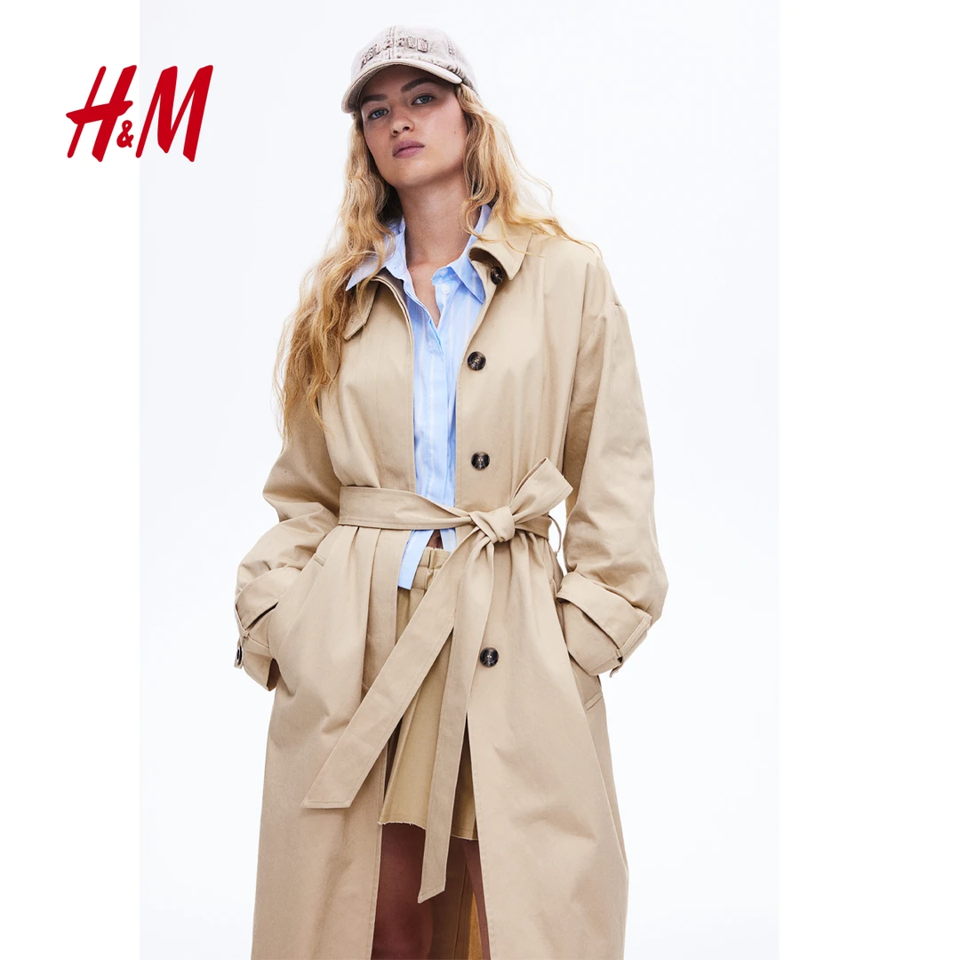 HM女装风衣秋季新款女士休闲时尚单排扣户外斜纹风衣1241686