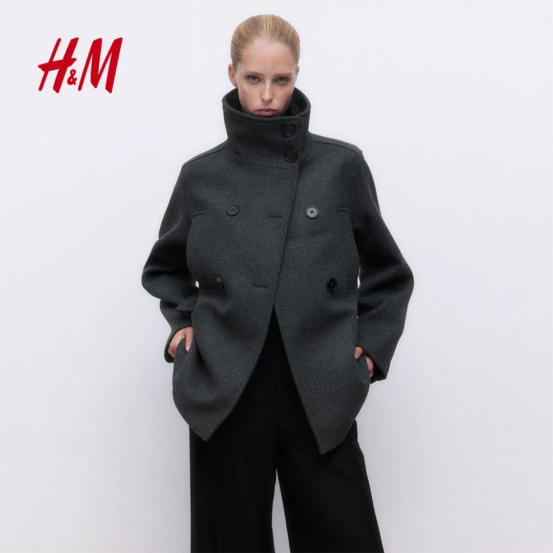 HM女装2025秋新款格雷系复古双排扣毛毡梭织宽松高领外套1246636
