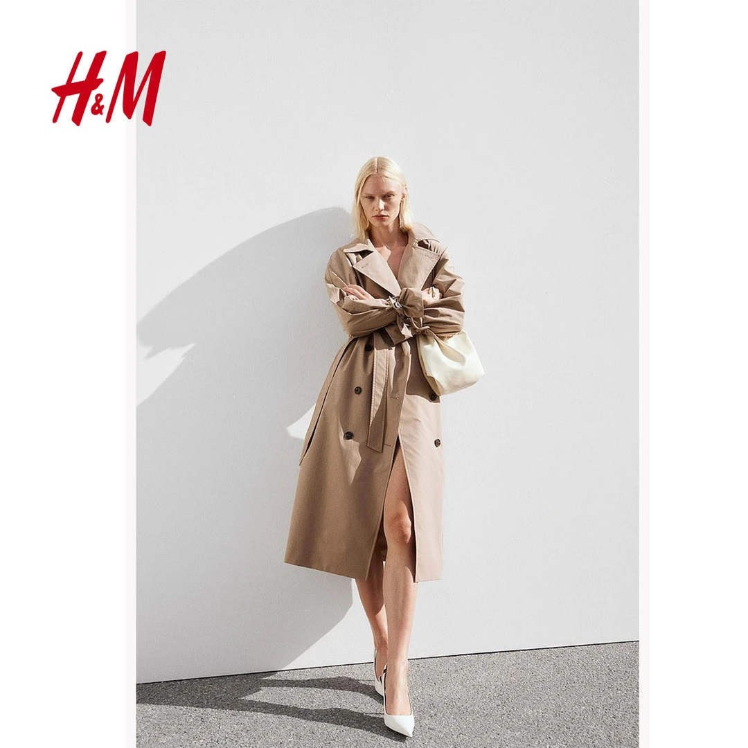 HM女装秋季英伦风长款风衣舒适双排扣平驳领及踝长袖外套1115204