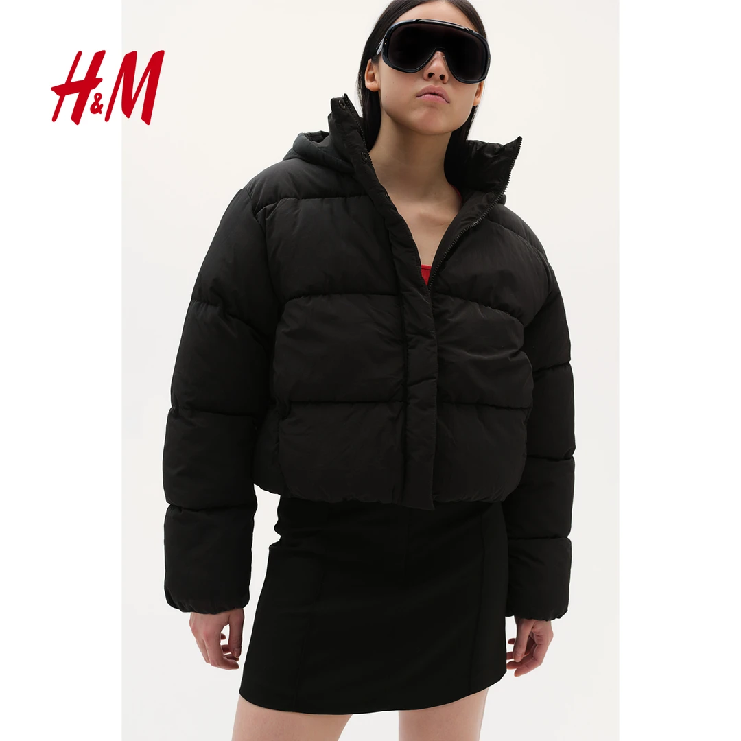 HM女装棉服冬季新款时尚纯色保暖立领宽松连帽短外套1228409