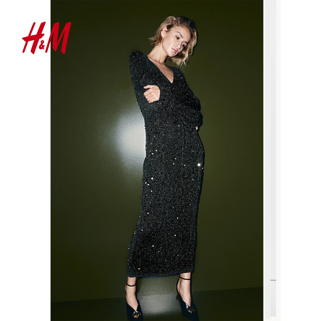 HM女装秋季新款夹亮丝亮片罗纹针织修身款及踝连衣裙1251911