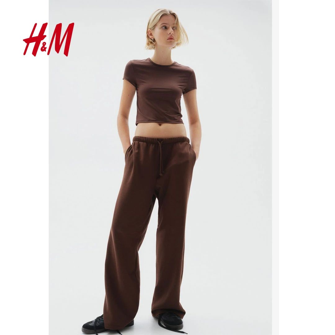 HM女装裤子秋季新款宽松休闲松紧运动抽绳阔腿慢跑裤1199249