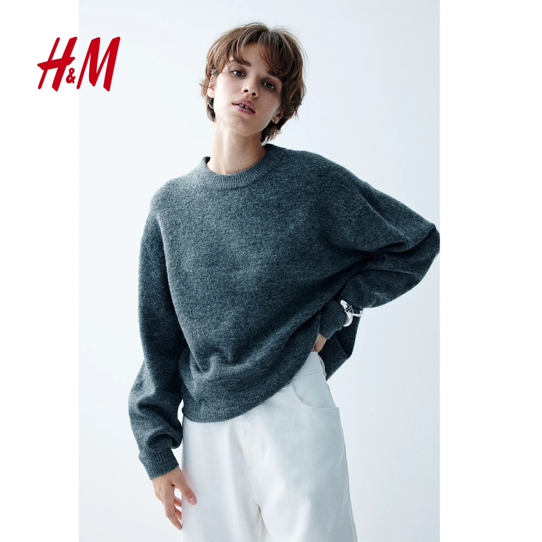 HM女装针织衫秋季新款圆领简约休闲纯色百搭针织套衫0983240