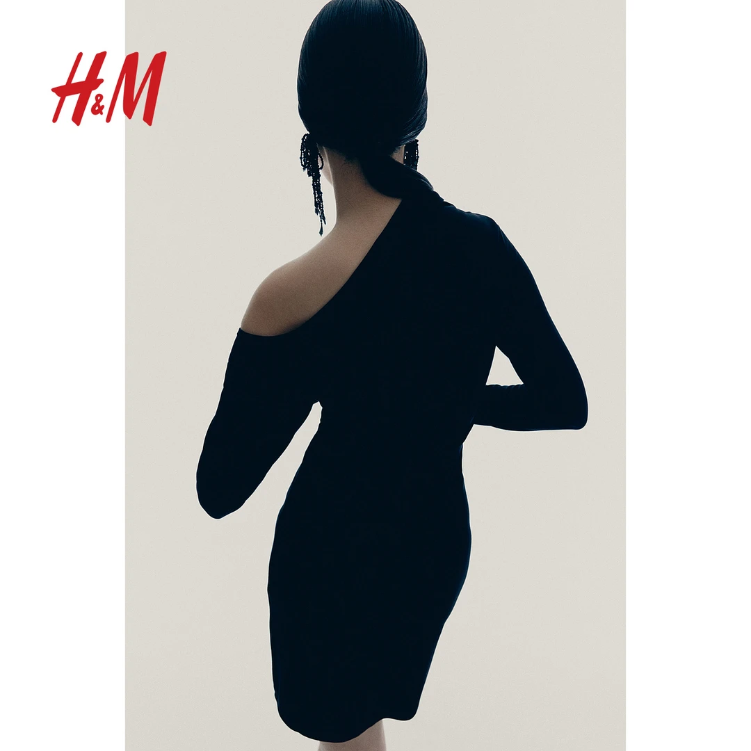 HM女装连衣裙秋季新款修身优雅单肩紧身重磅长袖短裙1261730
