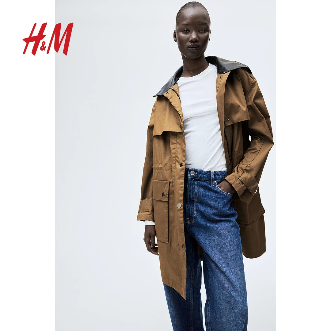 HM2024秋季新款女装时尚休闲翻领宽松及膝工装风派克大衣1253908