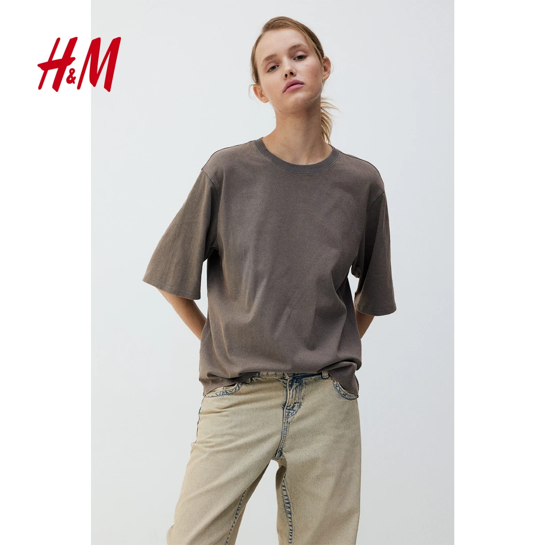 HM女装T恤秋新款时尚柔软棉质落肩大廓形印花短袖上衣1206236