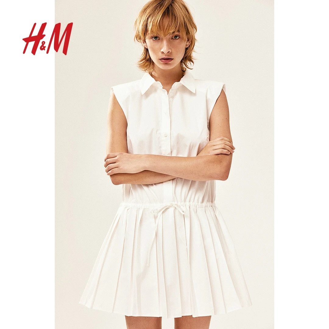 HM女士夏季新款简约无袖垫肩设计褶裥喇叭裙摆连衣裙1228860