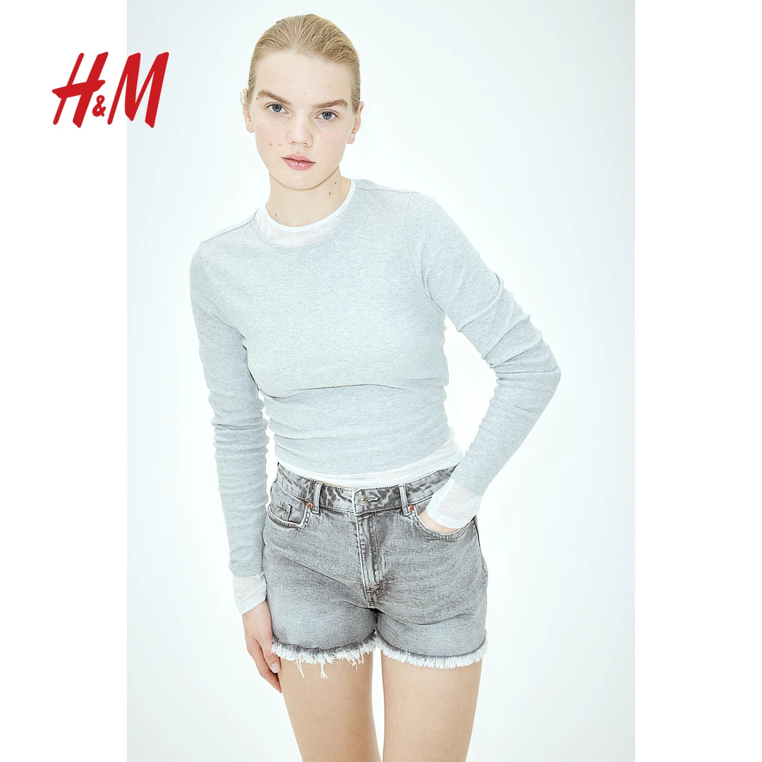 HM女装女装牛仔裤夏季新款复古浅灰毛边裤脚高腰短裤1144205