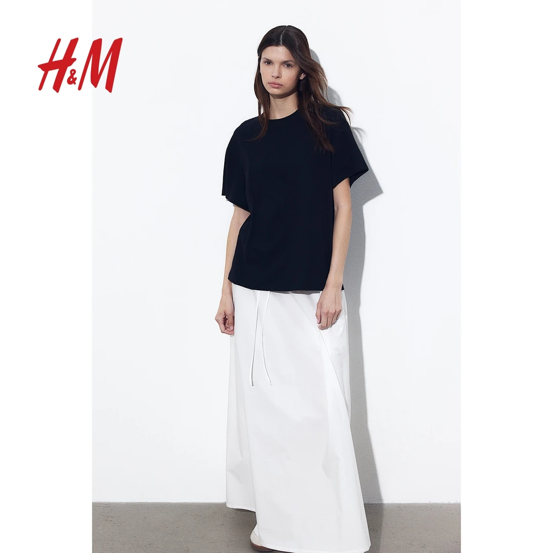 HM女士T恤夏新款简约纯色柔软棉质百搭大廓形落肩短袖1212700