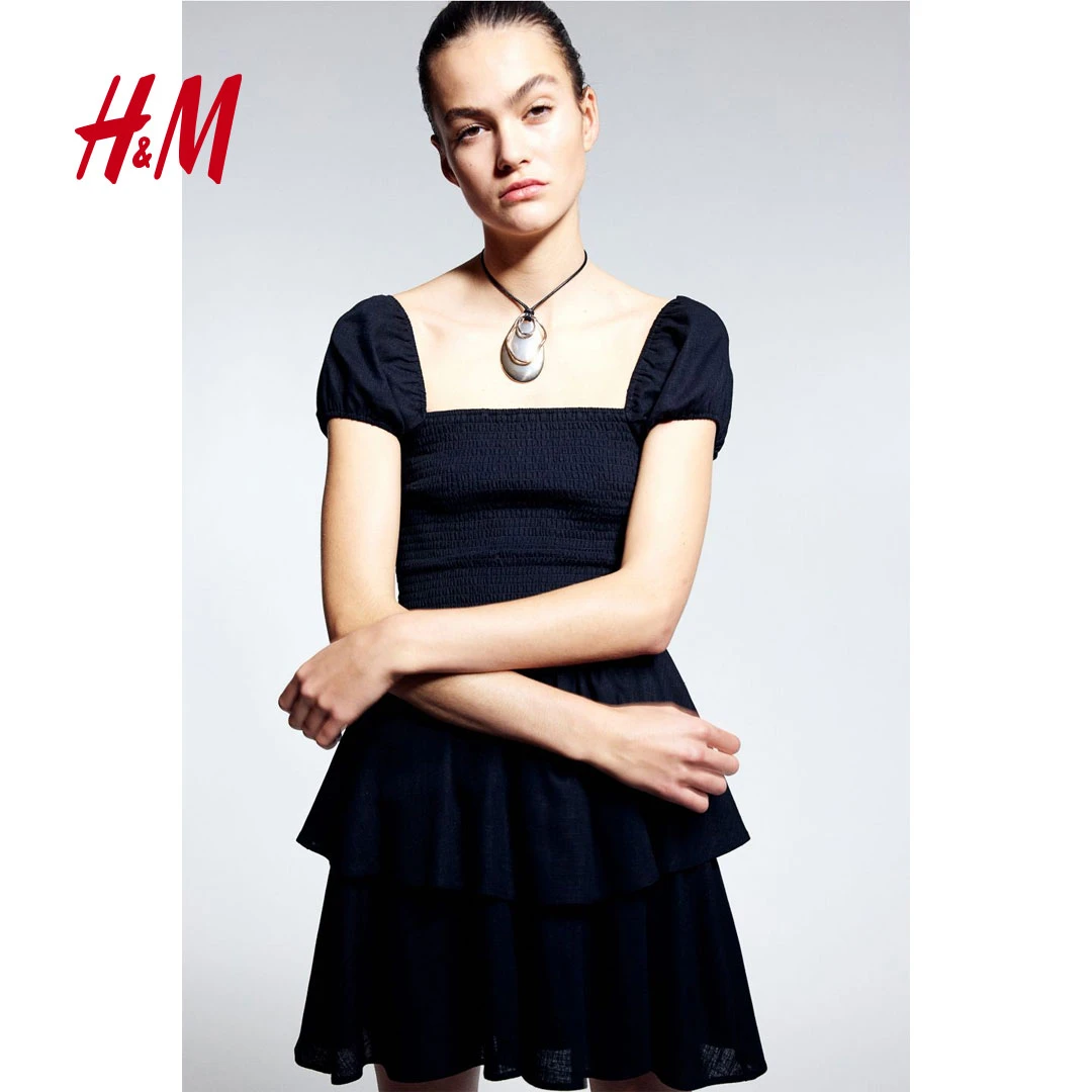 HM女装连衣裙夏季 新款分层裙摆缩褶方领泡泡袖公主裙1219988