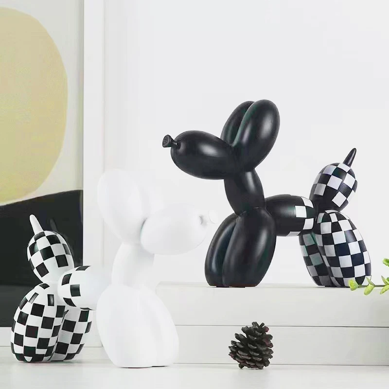 ins北欧风黑白格子气球狗摆件创意家居轻奢装饰品树脂工艺品