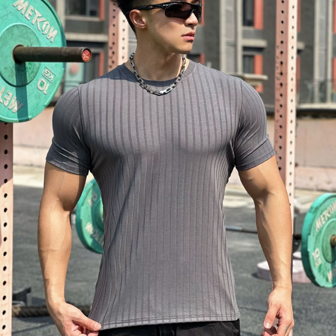 夏季户外男士修身跑步训练运动健身短袖t恤休闲速干纯色透气圆领