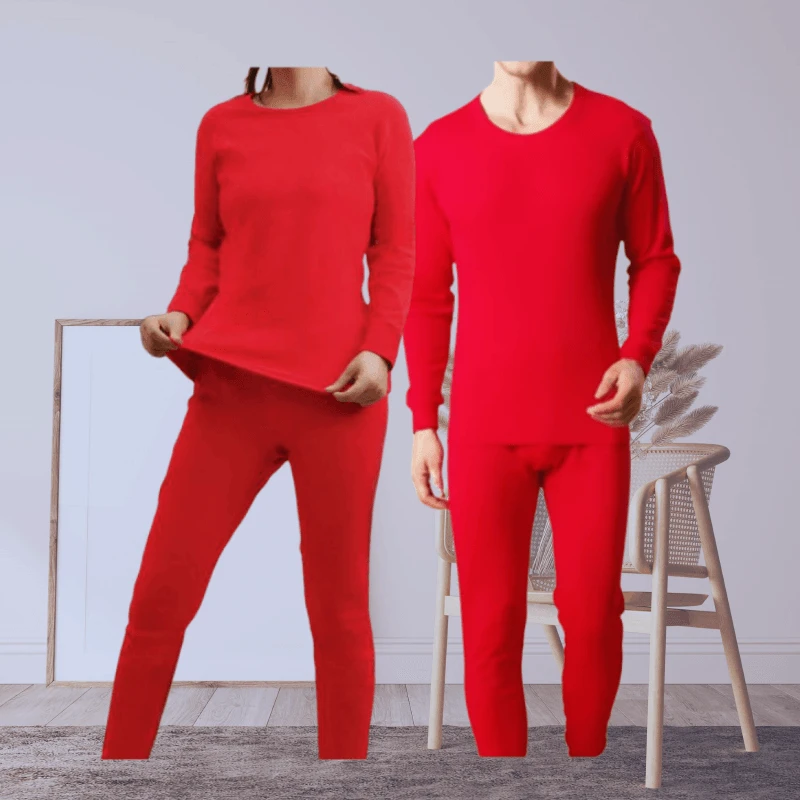 元首男女士精梳棉大红色鸿运圆领全棉大码秋冬套装M21120/W22115