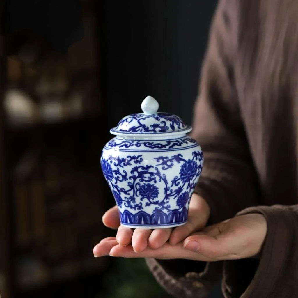 青花瓷茶叶罐将军罐复古陶瓷茶道配件茶叶收纳罐防潮储茶罐密封罐