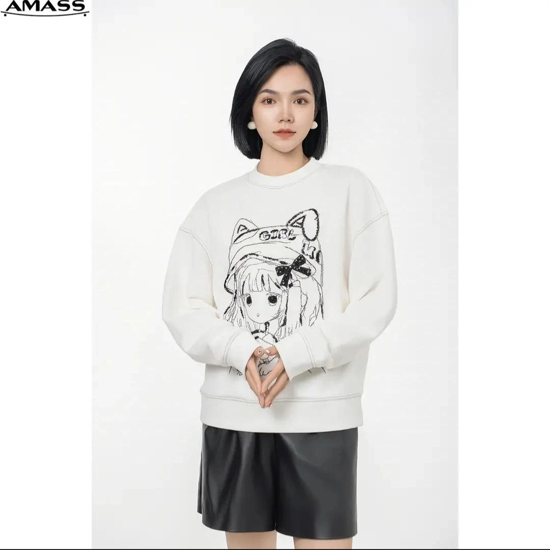 AMASS/阿玛施新款5300996 上衣休闲套头圆领钉珠趣味减龄宽松卫衣