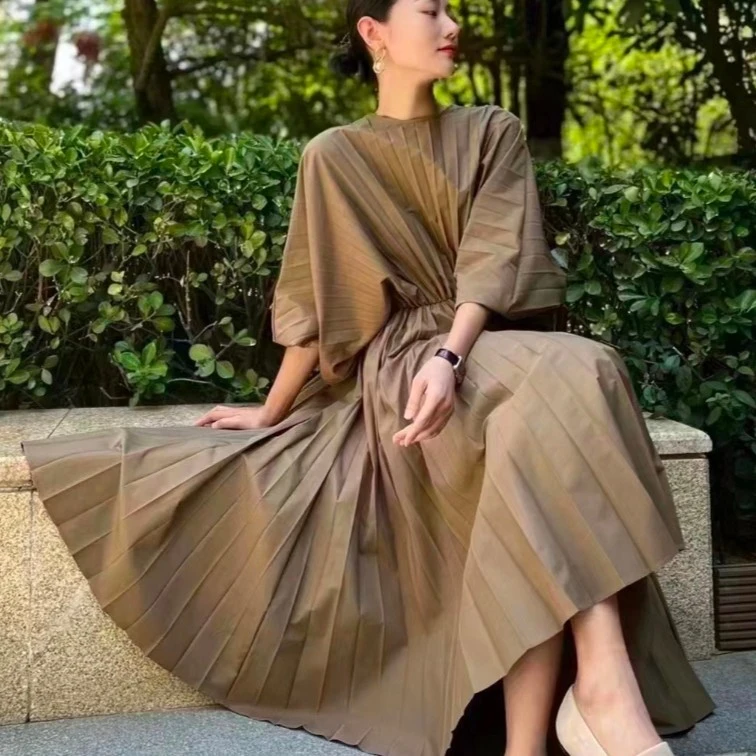 【阿玛施AMASS】百褶连衣裙 灯笼袖压褶连衣裙5500511气