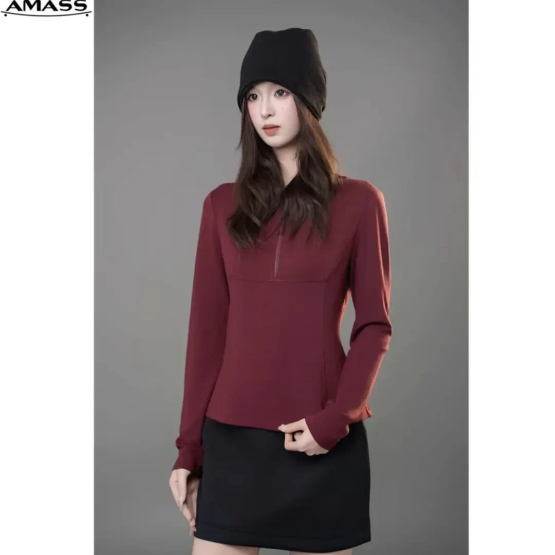 阿玛施AMASS新款女装通勤简约休闲修身长袖保暖纱连帽卫衣5301062