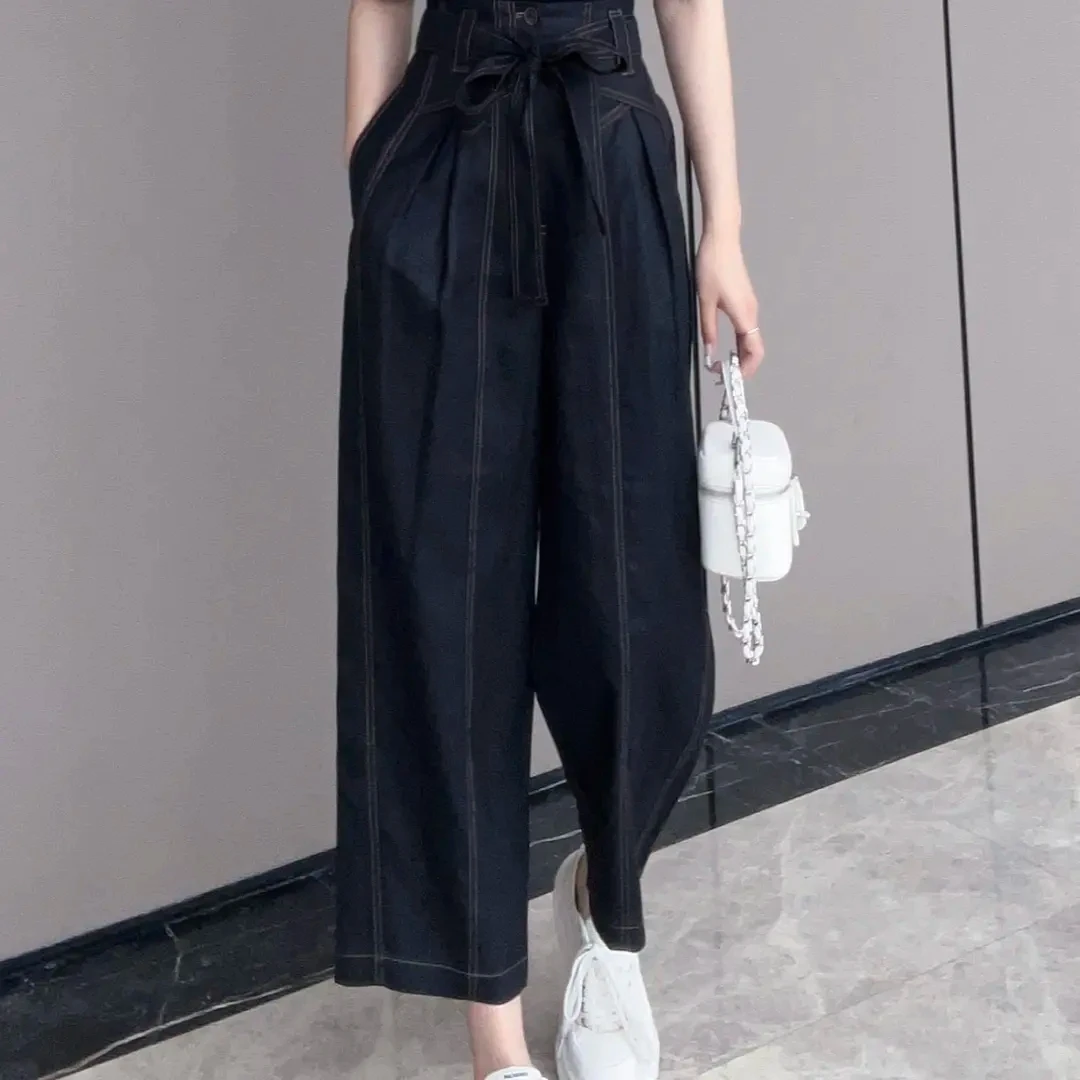 【阿玛施 AMASS】休闲高腰系带亚麻长裤 5100397时尚洋气气质夏季