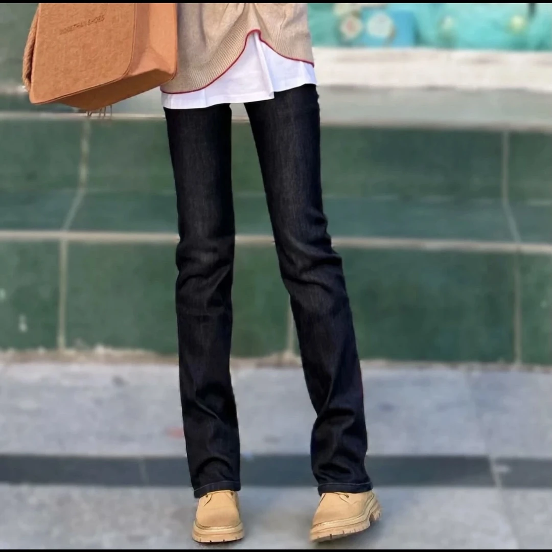 阿玛施AMASS新款植绒裤百搭显瘦微喇牛仔长裤中高腰保暖裤5100481