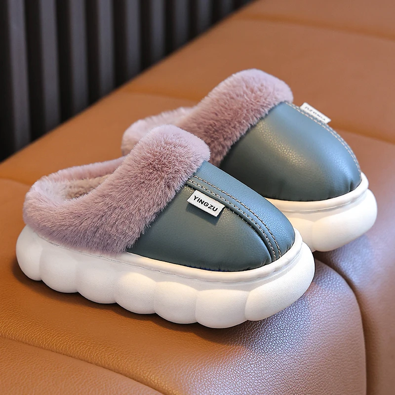 儿童棉拖鞋皮质PU防水防滑秋冬季加厚防滑软底亲子室内外棉鞋