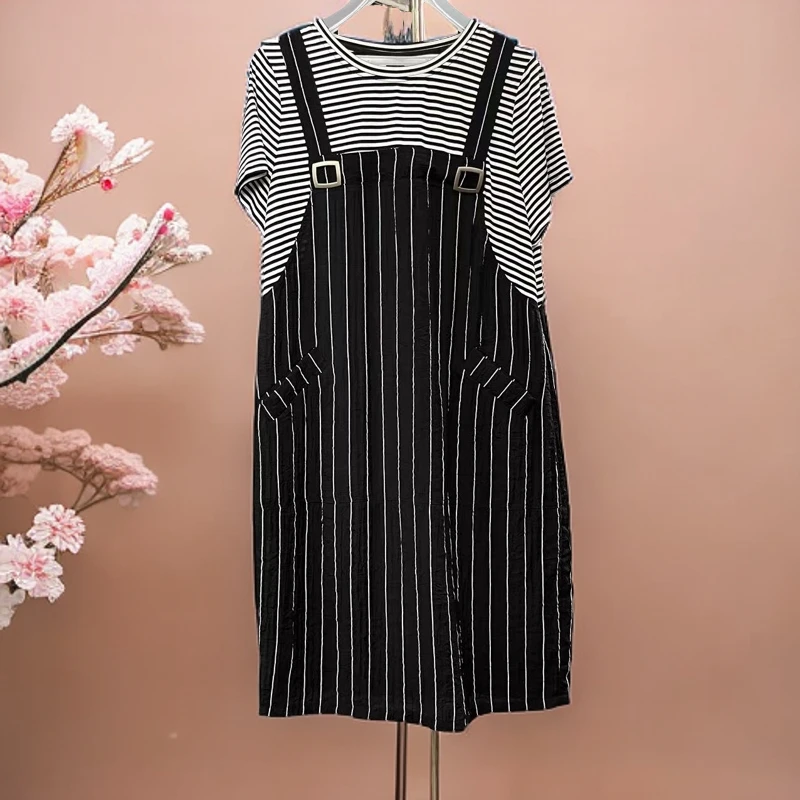 Y086【木兮兮专属】2025年夏季新款气质修身显瘦条纹中长款连衣裙