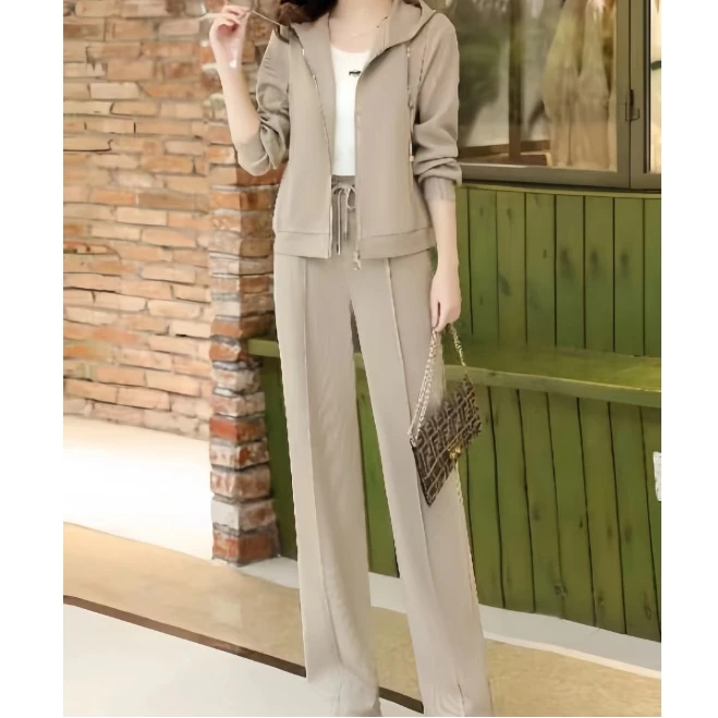 A101#卡其【木兮兮专属】2026年春秋新背心链条连帽外套+裤子三件套