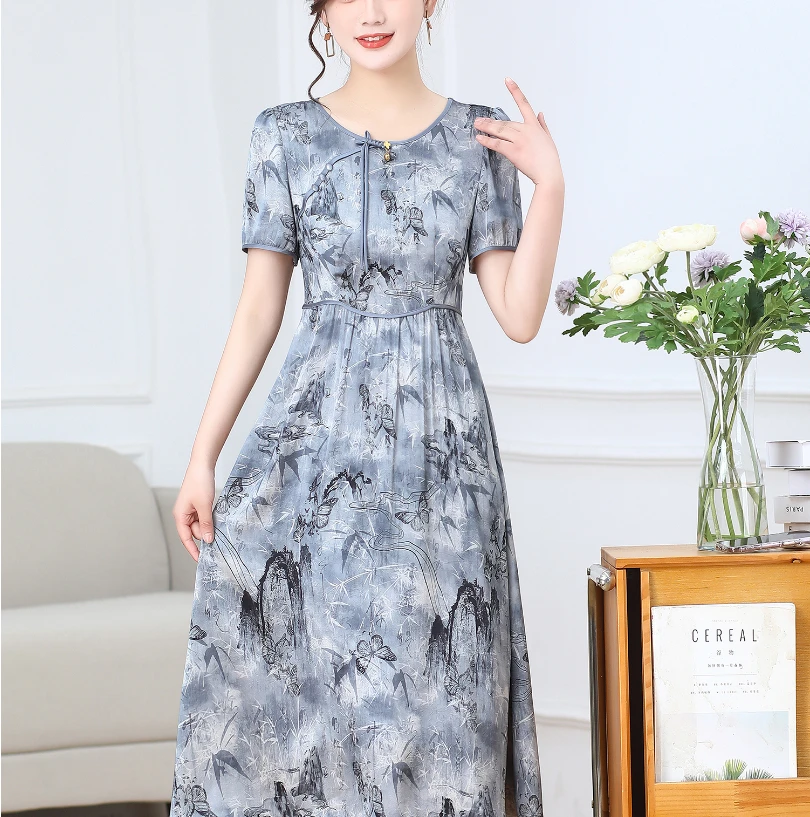 A713#灰【木兮兮专属】2024年夏季新中式贵妇气质显瘦中长款连衣裙
