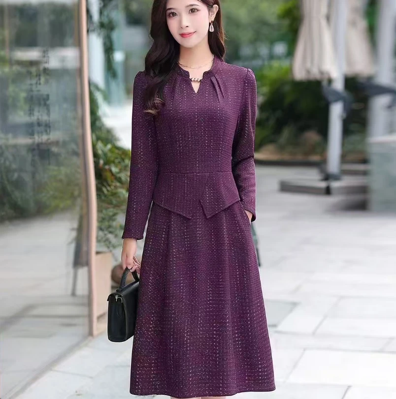 889B#紫【木兮兮专属】2024年秋冬新气质显瘦时尚收腰中长款连衣裙