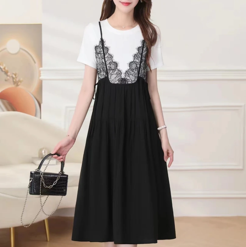 A48#白【木兮兮专属】2026年夏季时尚显瘦拼接假两件中长款连衣裙