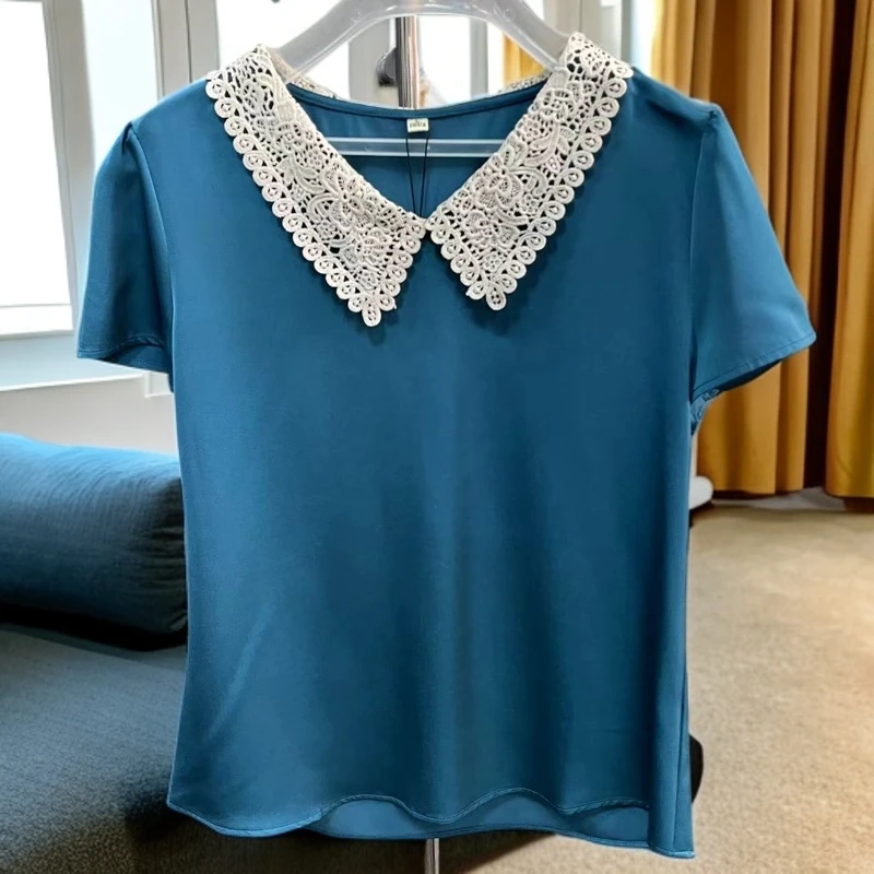 S090【木兮兮专属】2024时尚衬衫女减龄小衫印花蕾丝领显瘦打底上衣