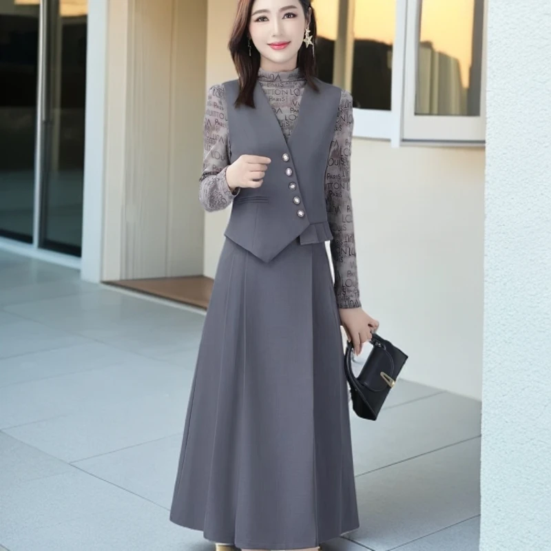 B18#灰【木兮兮专属】2026年春季新款气质修身时尚马甲印花裙套装