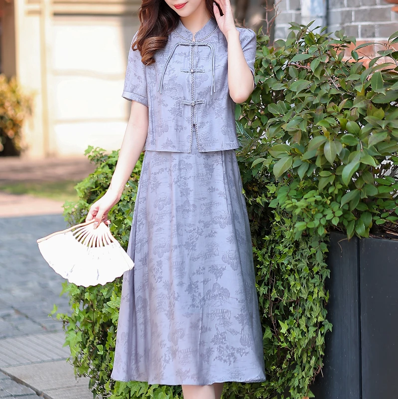 A157#灰【木兮兮专属】2026年夏季新中式国风气质显瘦时尚两件套装