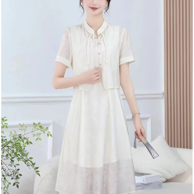 8839#白【木兮兮专属】2026年夏季新中式气质显瘦印花刺绣两件套装