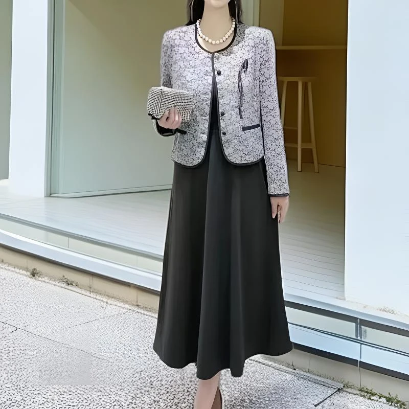 B031#灰【木兮兮专属】2026年秋冬季新款气质修身时尚国风两件套装