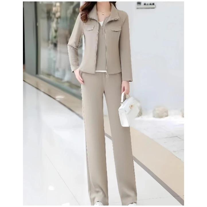 A105#卡其【木兮兮专属】2024年春秋新气质显瘦运动休闲三件套装女